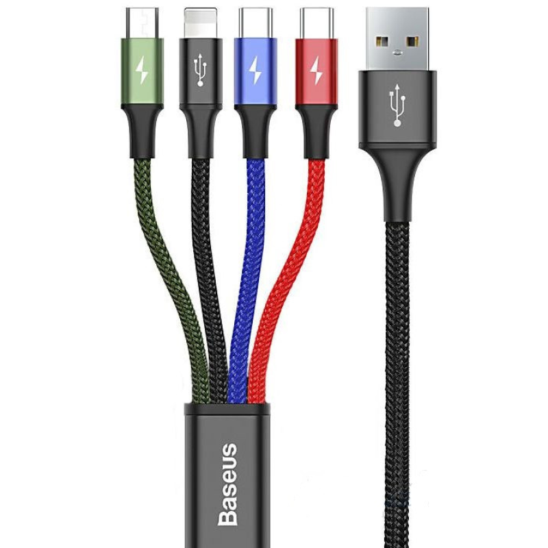 Кабель 4 в 1 Baseus CA1T4-B01 Lightning, 2Type-C, Micro USB, 3.5A, 1.2 м, чорний Кабель 4 в 1 Baseus CA1T4-B01 Lightning, 2Type-C, Micro USB, 3.5A, 1.2 м, чорний